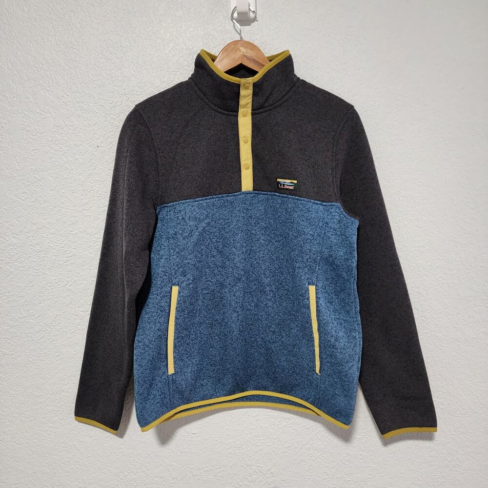 LL Bean Men Sweater Fleece Pullover Colorblock Blue Charcoal With Pockets Small